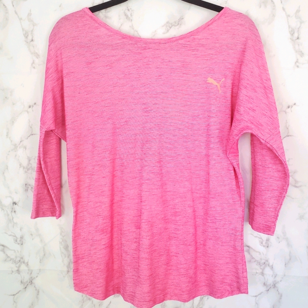 PUMA Boat Neck Top 3/4 Sleeve Shirt Pink Open Back